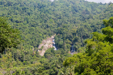 Tropical jungle waterfall in Thailand surrounded by lush green rainforest, moss-covered rocks, dense vegetation, and flowing water. The natural cascade creates a peaceful and refreshing scene © Yuliia
