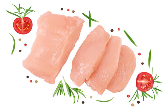 Raw chicken, fillet, isolated on white background. Top view. Flat lay