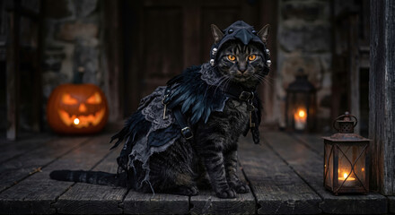 Obraz premium A dark tabby cat wearing a gothic raven costume with feathered hood sits on a rustic wooden porch beside glowing pumpkins and lanterns for halloween. 