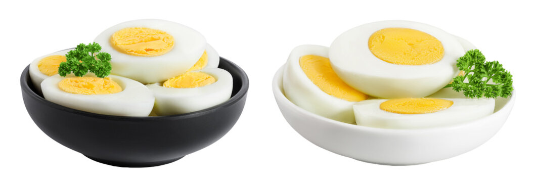 Boiled chicken egg in ceramic bowl isolated on white background.