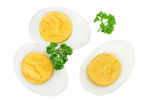 Boiled chicken egg isolated on white background. Top view. Flat lay