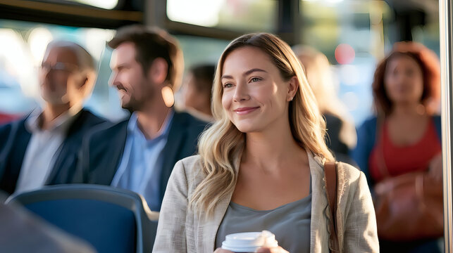 Smiling young woman with coffee cup riding a city bus, surrounded by other passengers during morning commute. Urban lifestyle and public transportation concept.