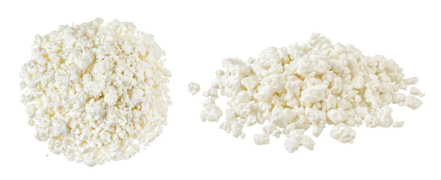 Cottage Cheese, Curd, isolated on white background. Top view. Flat lay
