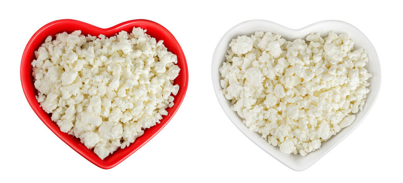 Cottage Cheese, Curd in ceramic bowl isolated on white background. Top view. Flat lay
