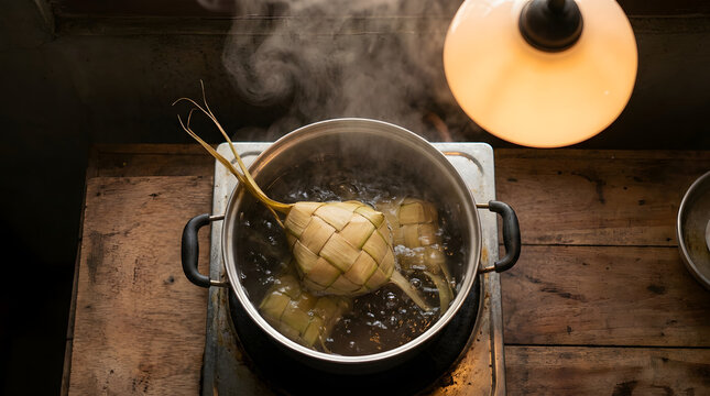 Boiling ketupat rice cakes in a stainless steel pot on a rustic stove