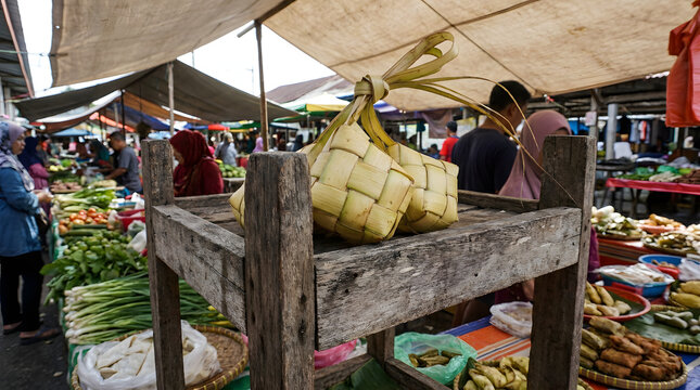 Traditional woven coconut leaf ketupat rice dumplings displayed at a bustling local market