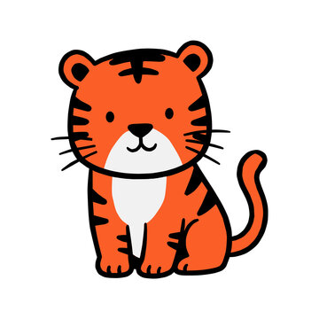 Cute little tiger sitting vector illustration. Hand drawn orange cartoon tiger cub isolated on white background. Perfect for nursery art, children design, t-shirt print, and baby shower.