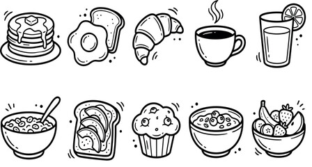 Fototapeta premium Breakfast food and morning beverage doodle line art vector set