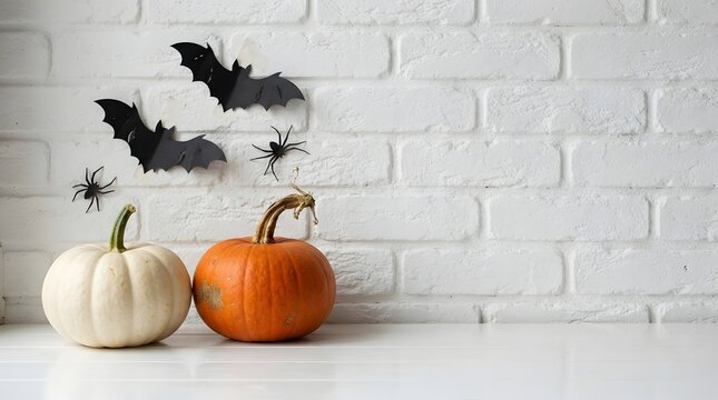 Minimalist Halloween Decor with White and Orange Pumpkins on White Wall