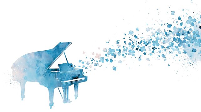 Elegant grand piano in blue watercolor painting style with abstract exploding particles flowing on white background, musical melody concept
