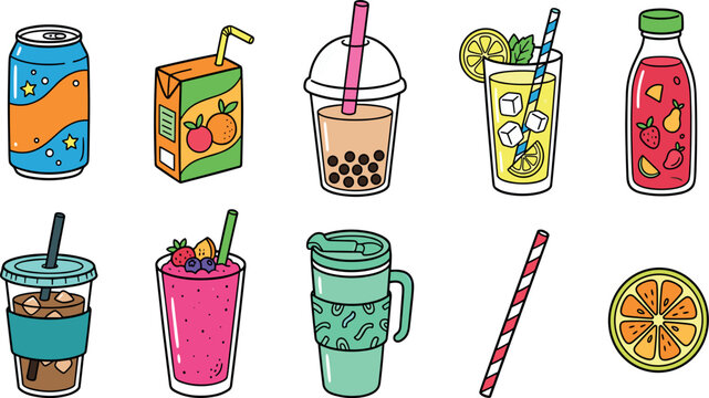 Delicious summer drinks and beverage refreshers doodle vector set