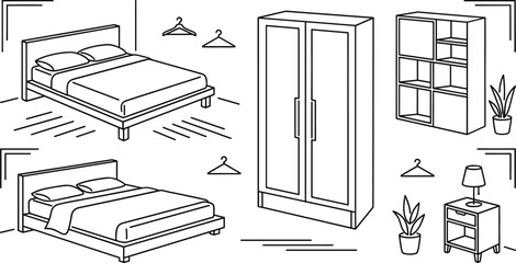 Bedroom furniture interior line art icon set featuring double bed wooden wardrobe bookcase shelf and nightstand lamp © THOIMUR