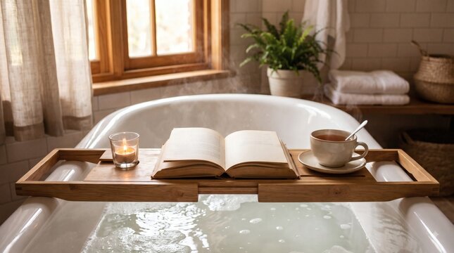 Wooden bath tray with a lit candle, open book and cup of tea across a bathtub