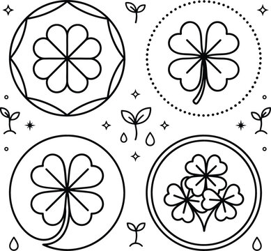 Four leaf clover luck charm line art vector icon set with shamrock badges sprout sparkles and water drops