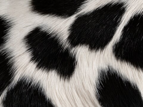 Cow print on fluffy faux fur texture background with soft white and black animal hair