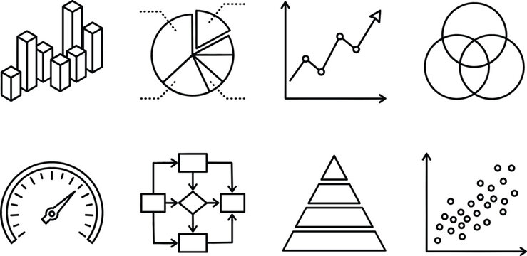 Minimalist line icon set featuring business data charts bar graph pie chart flowchart pyramid and scatter plot diagrams