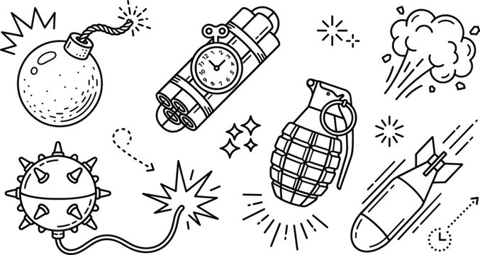 Minimalist line icon set featuring explosive weapon elements including round fuse bomb dynamite grenade missile and naval mine