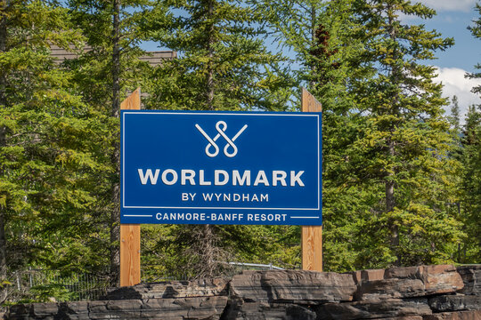 Canmore, Alberta, Canada. September 18, 2026. The exterior entrance sign for the WorldMark by Wyndham Canmore-Banff Resort surrounded by trees.