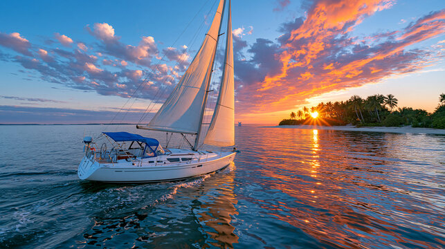 Wide cinematic view from a sailing yacht toward a secluded tropical island at dusk, smooth calm sea reflecting deep orange and purple clouds, distant sandy beach and dense palms, luxury island escap