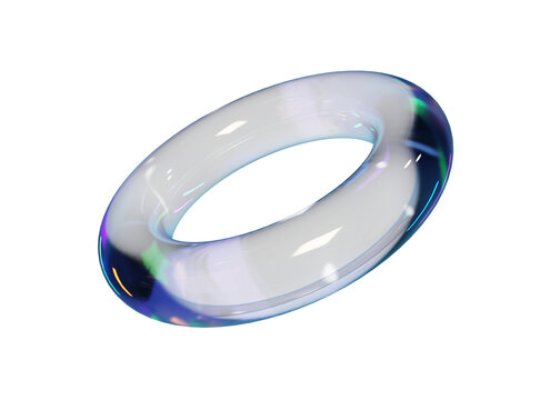 Glossy transparent 3D render glass torus ring with iridescent reflections isolated on transparent background. Geometric shape for tech design, futuristic overlays, and UI graphics.