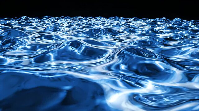 Abstract digital simulation of rippling blue liquid surface with glowing light reflections.