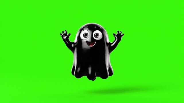 Flying cartoon funny black ink ghost animation 4k green screen for halloween.