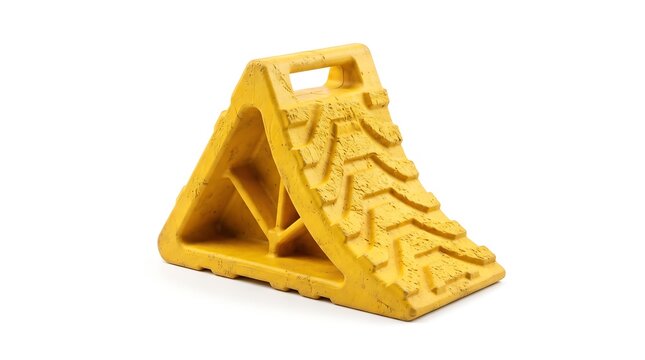 A bright yellow plastic wheel chock isolated on a white background for securing vehicles and preventing accidental rolling
