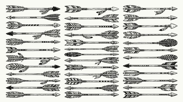 Vintage hand drawn tribal arrows set, rustic bohemian decorative arrow collection, black ink sketch ethnic design elements for wedding invitations