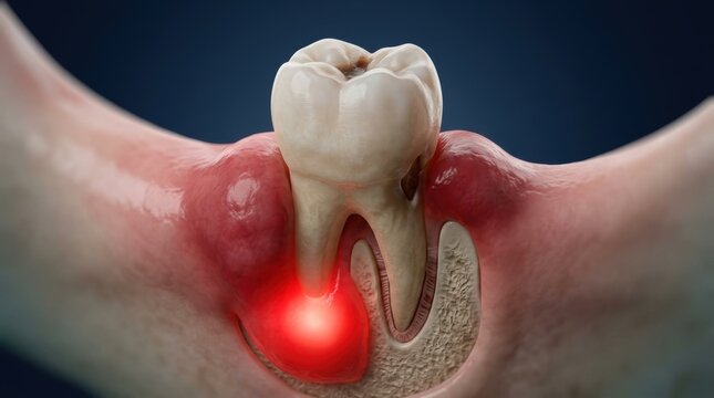Medical illustration of a molar tooth with severe gum inflammation and root canal infection