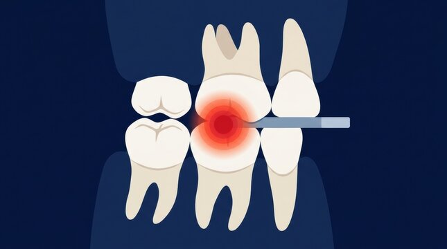 Dental illustration showing food impaction between molar teeth causing localized gum inflammation