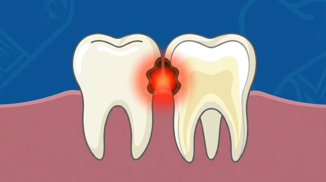 Educational illustration of interdental tooth decay showing cavity formation between two molars