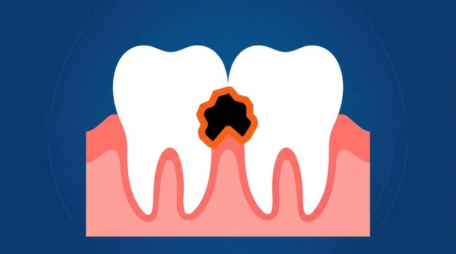 Educational illustration of dental decay between two human teeth in the gum line area