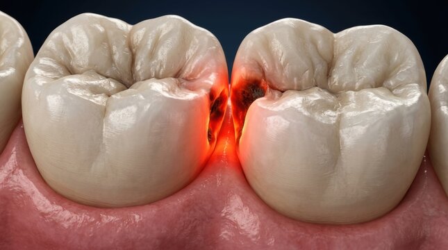 Close-up view of human molars showing interproximal tooth decay with glowing red inflammation