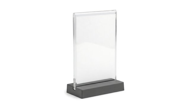Empty vertical acrylic sign holder with a black base isolated on a clean white background for business display