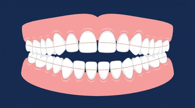 Vector illustration of human teeth alignment with dashed guide lines for dental health education