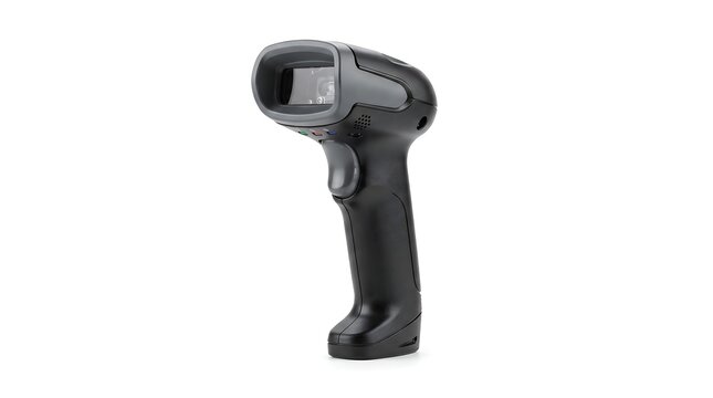 A black handheld barcode scanner isolated on a white background for retail and inventory management business applications