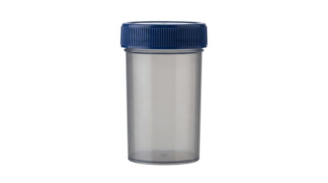 Empty plastic medical sample container with a blue screw cap isolated on a clean white studio background