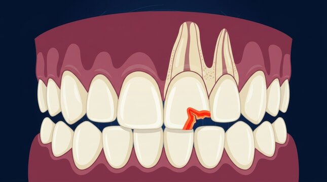 Educational illustration of a fractured upper incisor tooth with visible root structure detail