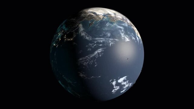 High-fidelity 3D Earth animation utilizing high-resolution satellite texture maps, specular ocean reflections, normal bump mapping, dynamic city lights on the dark side, and an atmospheric cloud layer