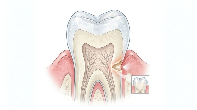 Anatomical illustration of a human molar tooth showing a cervical lesion and gum recession