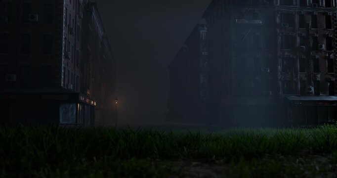 Shaky handheld camera pov running through overgrown abandoned city street towards glowing lamp post at night