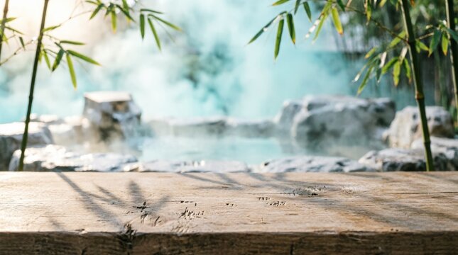 Wooden Table With Bamboo And Hot Spring In Background For Spa Marketing
