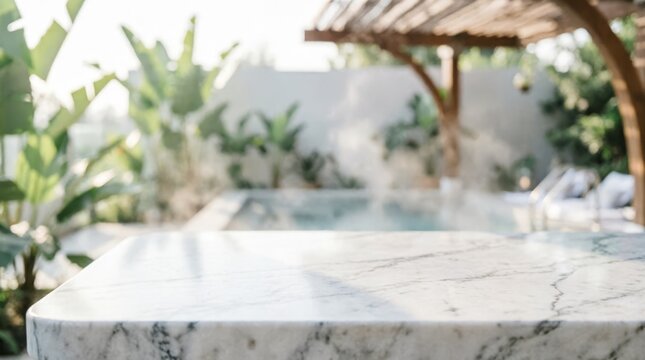 Marble Table With Spa Pool And Tropical Plants In Background For Luxury Hotel Marketing