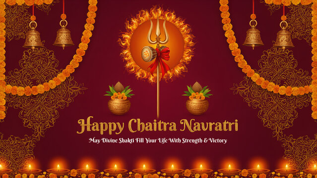 Happy Chaitra Navratri Banner with Trishul and Kalash Elements