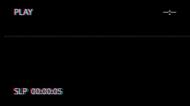 Retro VHS camcorder playback screen with chromatic glitch distortion noise and digital timecode