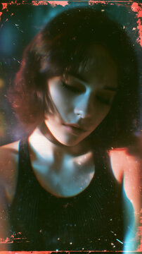 Young woman portrait in dramatic neon light, nightlife fashion and beauty editorial
