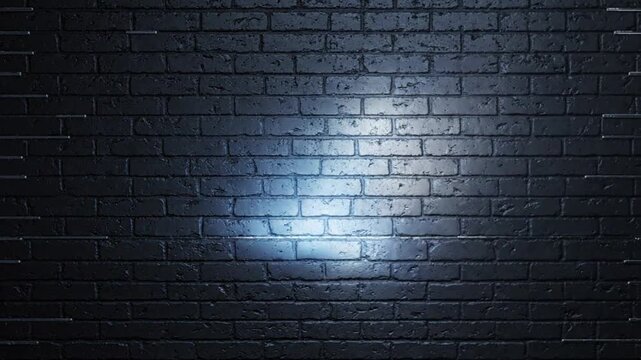 Bright glowing spotlight moves horizontally across dark textured brick wall surface in this seamless loop digital motion graphic video animation