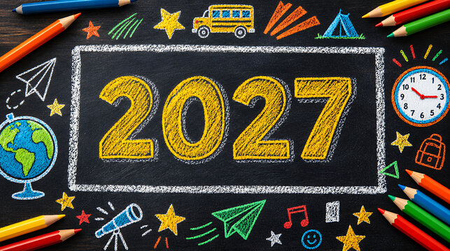 2027 chalkboard with school supplies, back to school and academic year planning banner