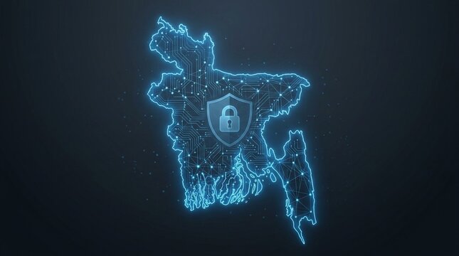 Bangladesh Map Cyber Security Concept with Glowing Blue Digital Network and Shield Padlock