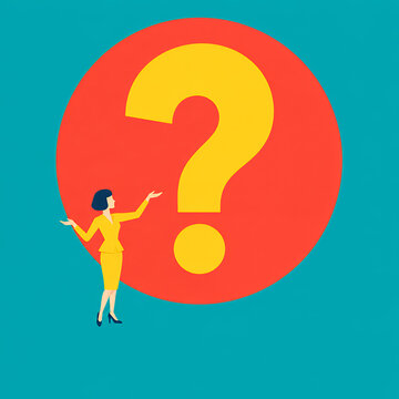 Businesswoman with question mark, market research and decision making concept on turquoise background
